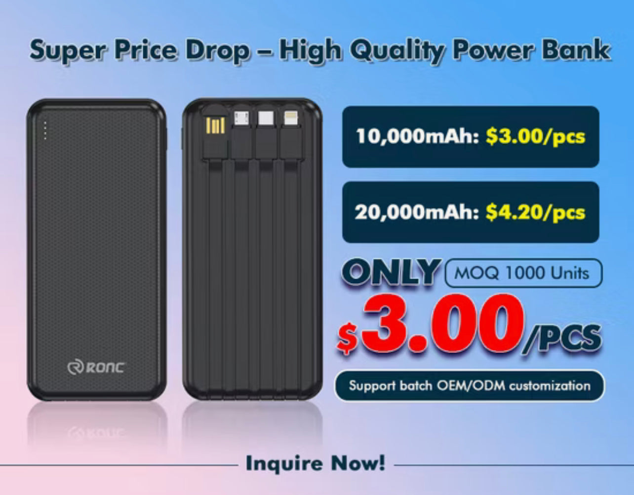 10,000 mAh Fast-Charging Power Bank with Built-in 4-in-1 Cable (USB-C / Micro-USB / Lightning / USB)