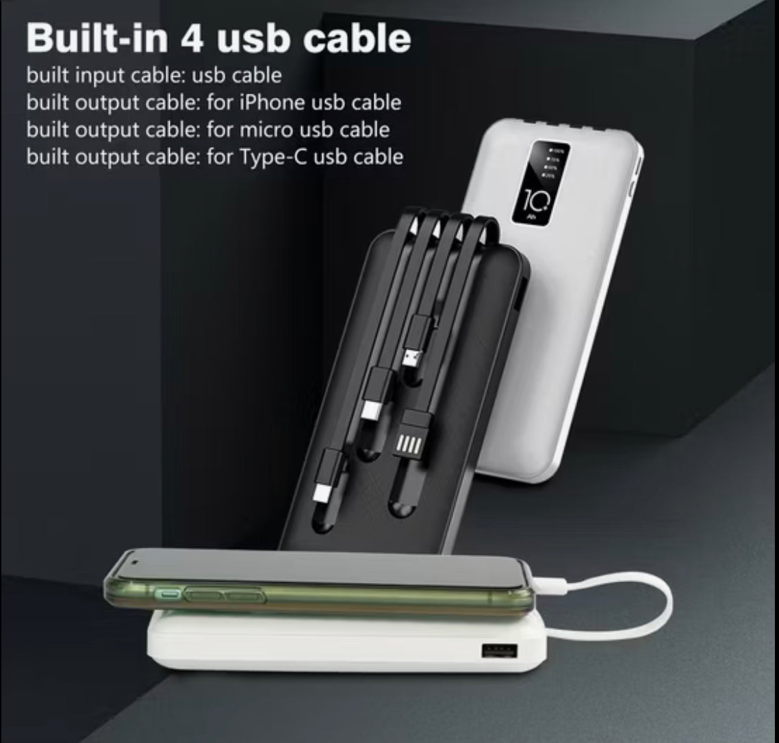 10,000 mAh Fast-Charging Power Bank with Built-in 4-in-1 Cable (USB-C / Micro-USB / Lightning / USB)