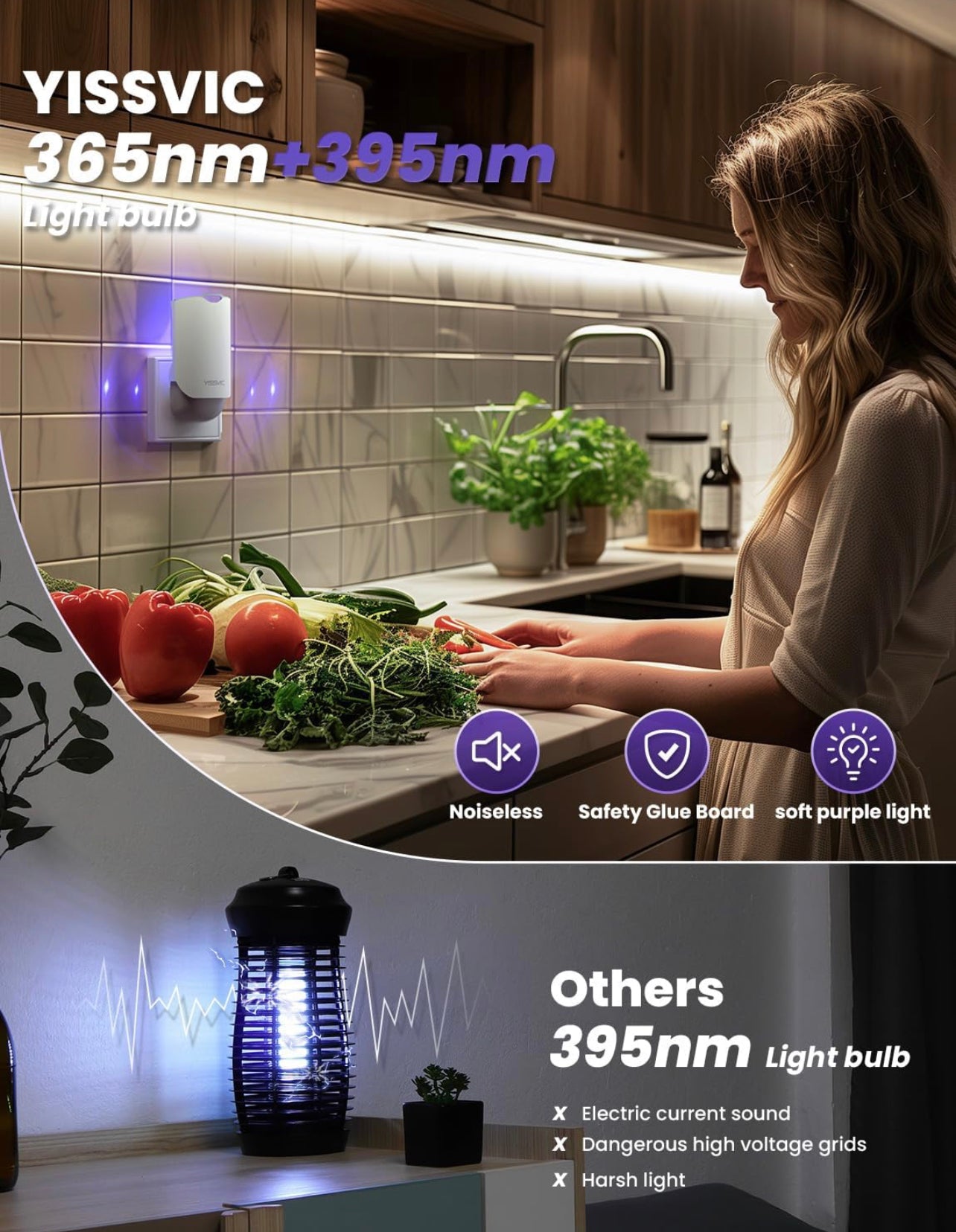ChamalE-come electric indoor insect trap in kitchen showing silent operation and safety glue board features