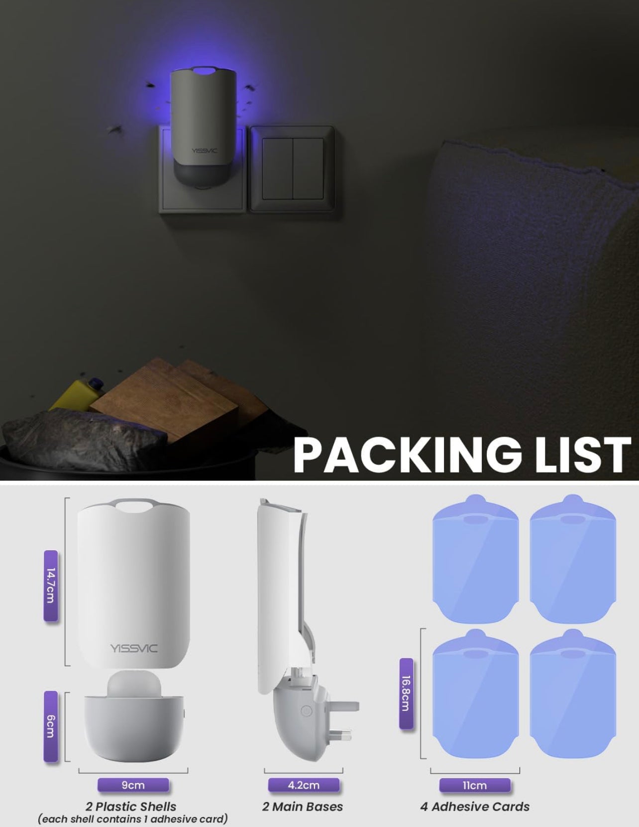 ChamalE-come electric indoor insect trap mounted on wall emitting blue light with packing list and product dimensions