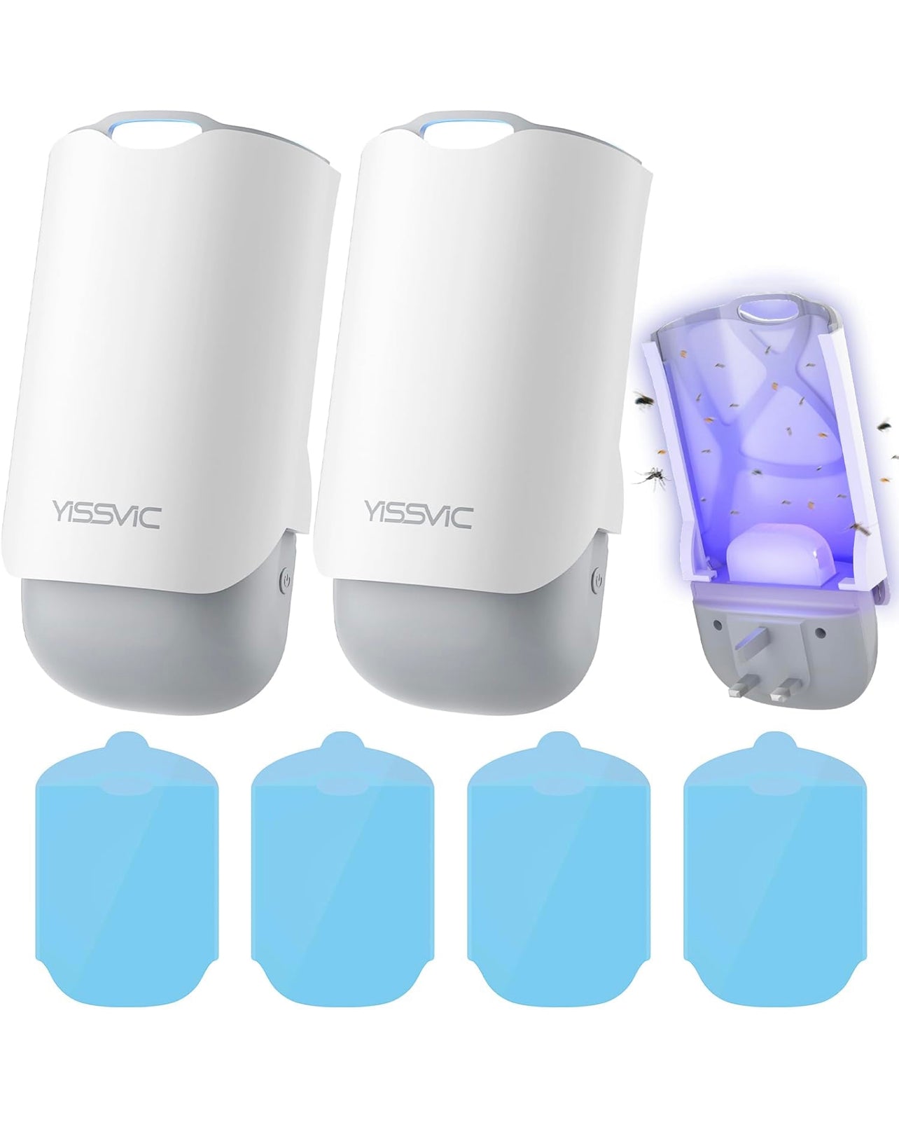 ChamalE-come electric indoor insect trap set with two white units and four blue replaceable insect pads