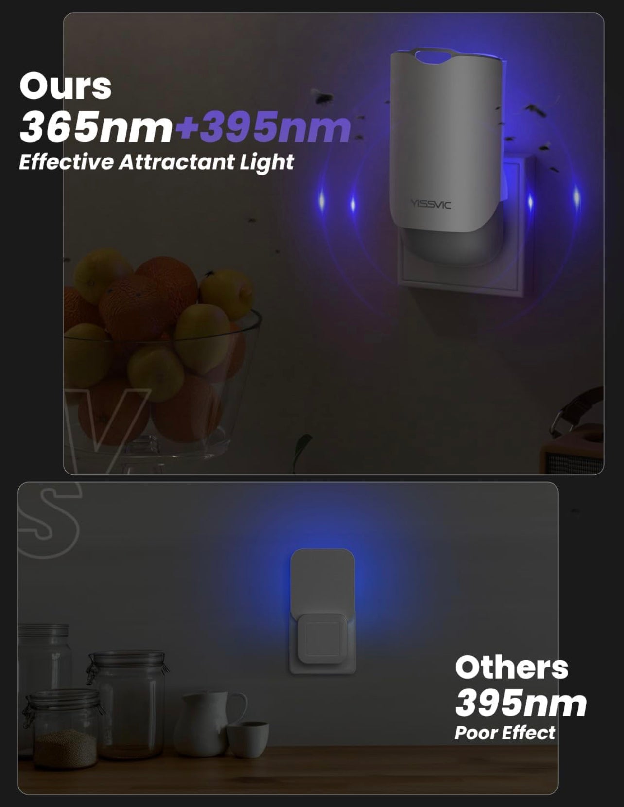 ChamalE-come electric indoor insect trap with 365nm and 395nm blue attractant light plugged into a wall outlet