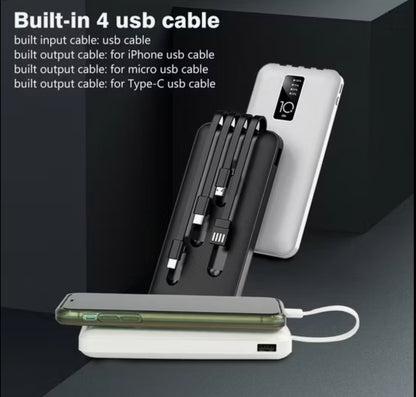 10,000 mAh Fast-Charging Power Bank with Built-in 4-in-1 Cable (USB-C / Micro-USB / Lightning / USB)
