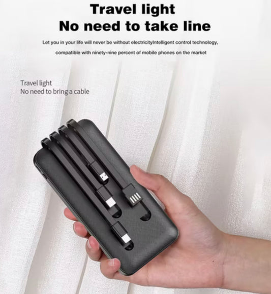 10,000 mAh Fast-Charging Power Bank with Built-in 4-in-1 Cable (USB-C / Micro-USB / Lightning / USB)